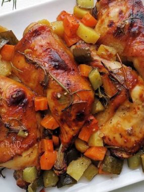 Slow-roasted chicken with vegetables
